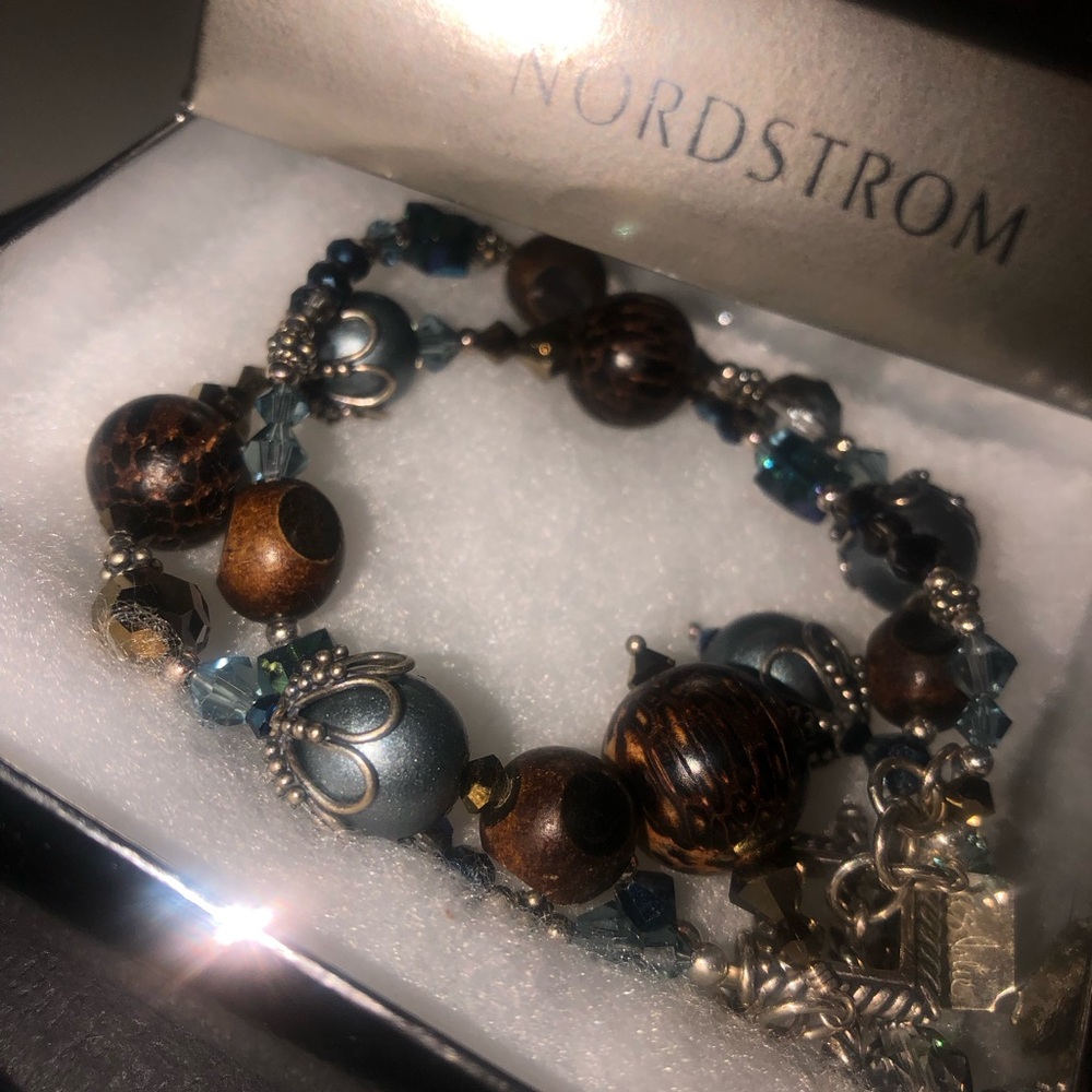 Tres Jolie Handcrafted Brown, Blue and silver  Beaded Necklace.